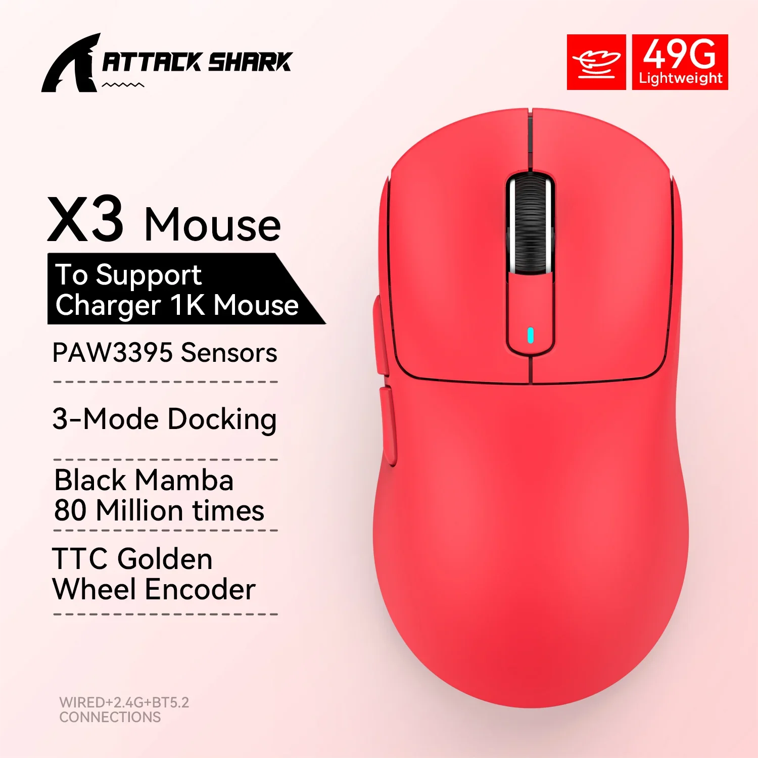 Attack Shark X3 Tri-Mode Gaming Mouse – 26000 DPI, Lightweight, PAW3395 Sensor