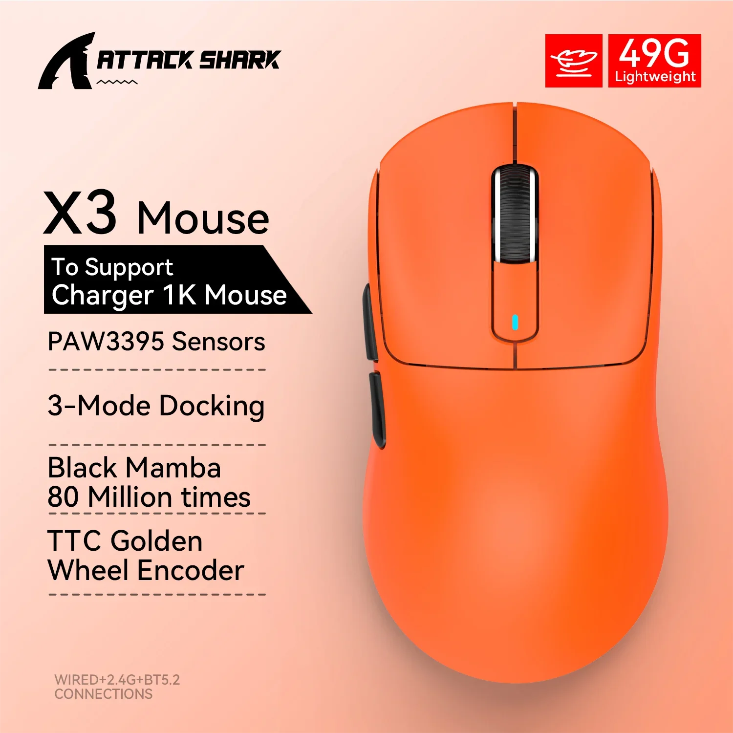 Attack Shark X3 Tri-Mode Gaming Mouse – 26000 DPI, Lightweight, PAW3395 Sensor