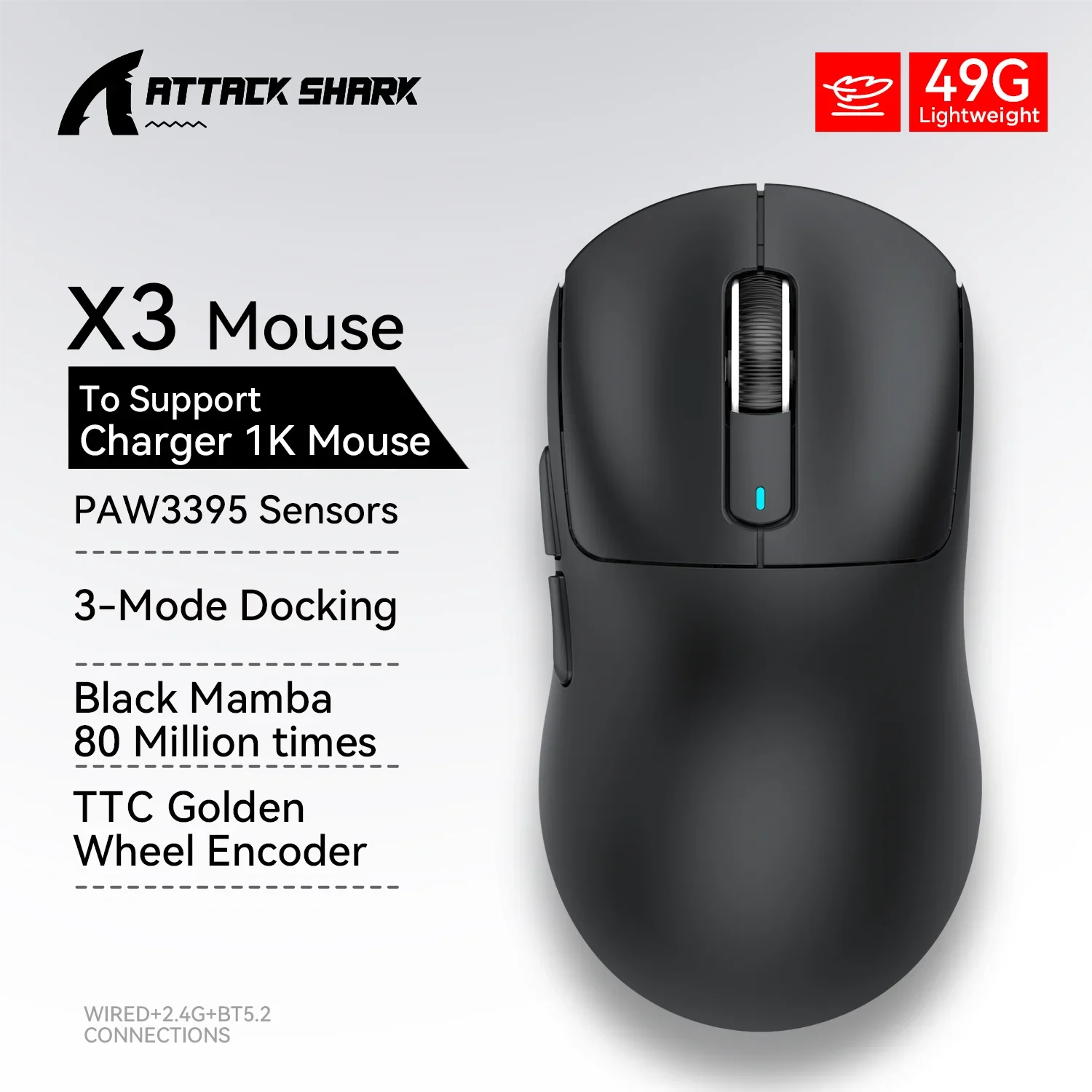Attack Shark X3 Tri-Mode Gaming Mouse – 26000 DPI, Lightweight, PAW3395 Sensor