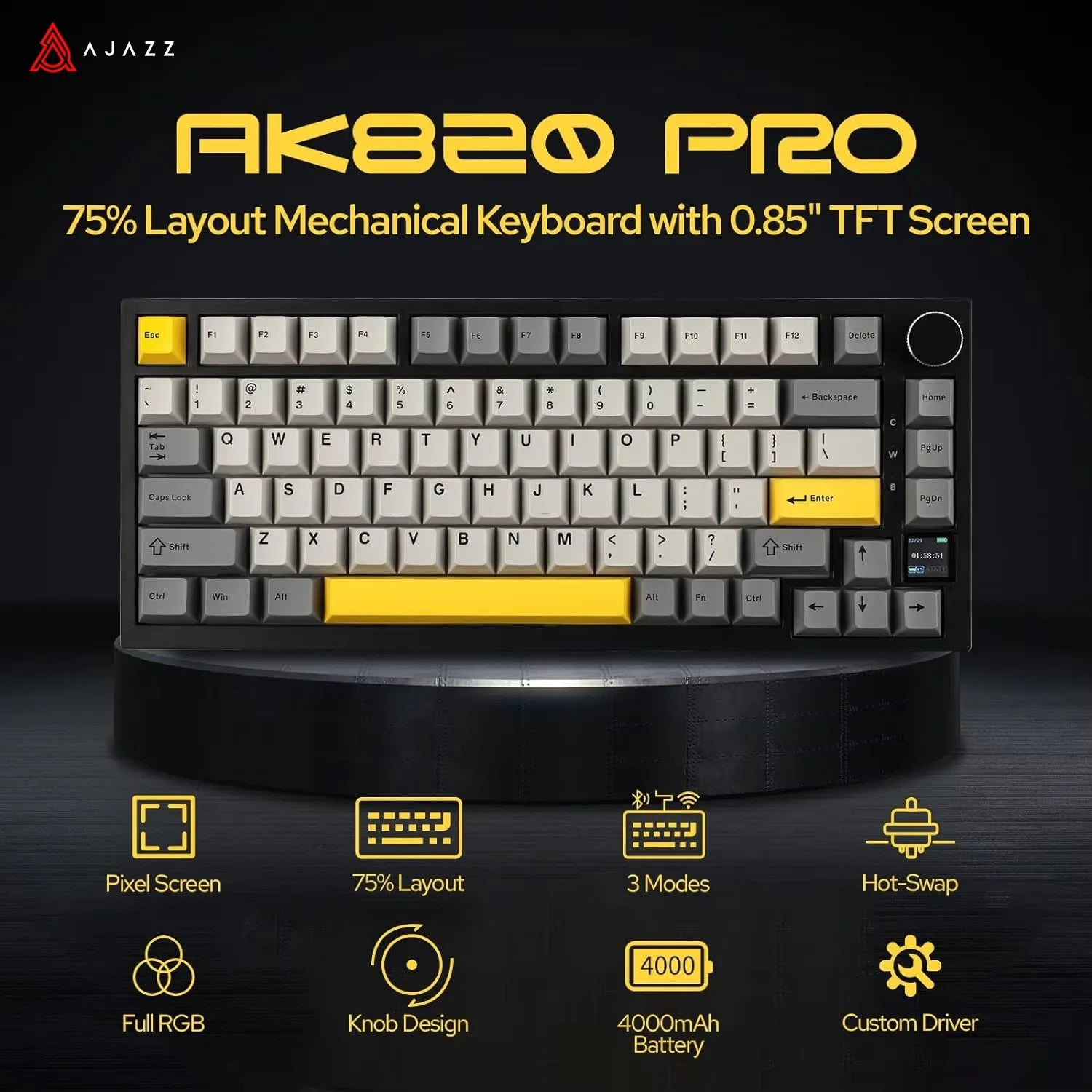 Ajazz AK820/Pro – 75% Wireless Gaming Keyboard with Knob