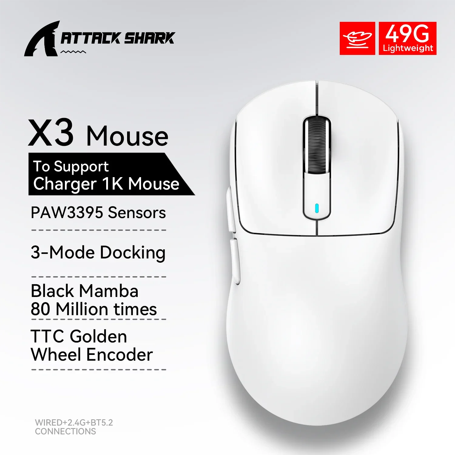 Attack Shark X3 Tri-Mode Gaming Mouse – 26000 DPI, Lightweight, PAW3395 Sensor